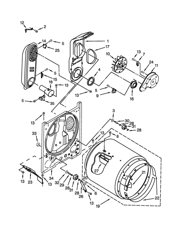 Bulkhead Parts Diagram and Parts List for 7MWGD1800DM0  Whirlpool Dryer