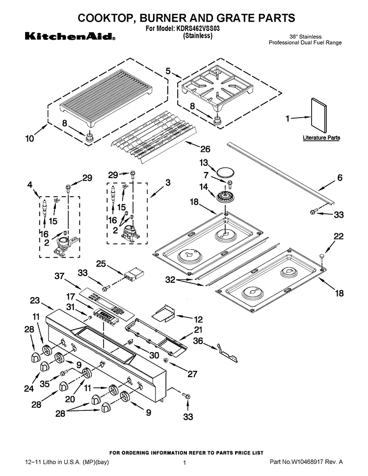COOKTOP, BURNER AND GRATE PARTS Diagram and Parts List for KDRS462VSS03  KitchenAid Range