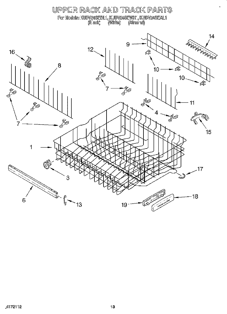 UPPER RACK AND TRACK Diagram and Parts List for KUDV24SEWH1  KitchenAid Dishwasher