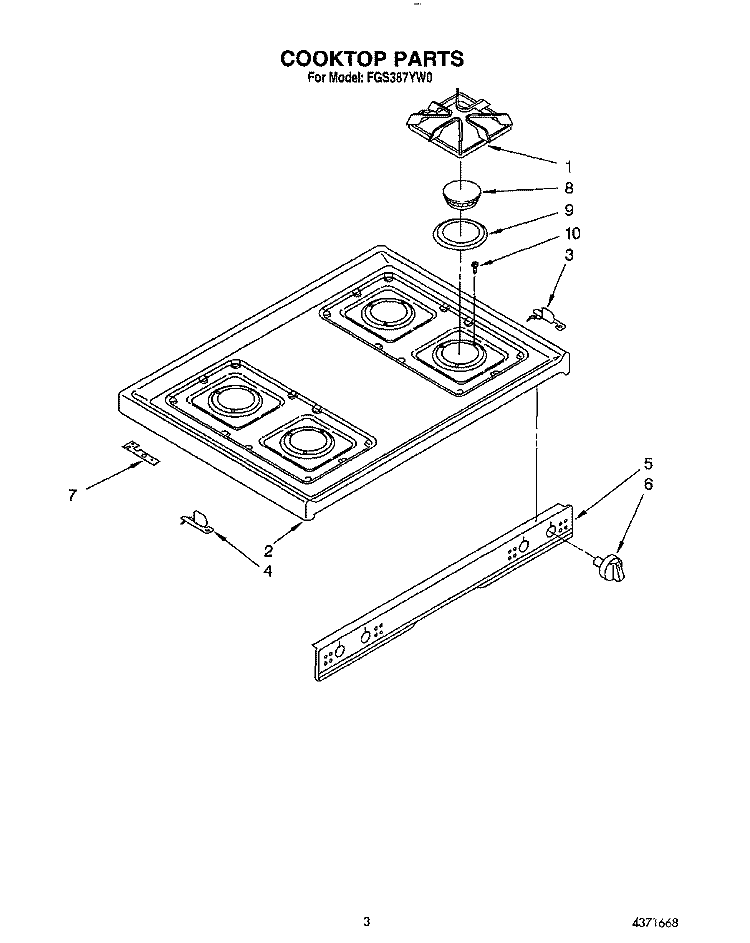 COOKTOP Diagram and Parts List for FGS387YW0  Roper Range