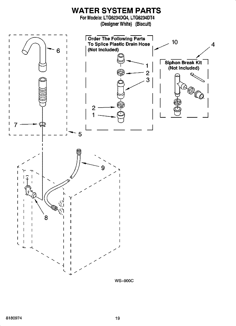 WATER SYSTEM PARTS Diagram and Parts List for LTG6234DT4  Whirlpool Washer Dryer Combo