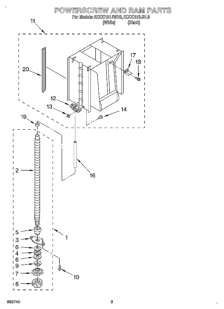 POWERSCREW AND RAM Diagram and Parts List for KCCC151JWH0  KitchenAid Trash Compactor