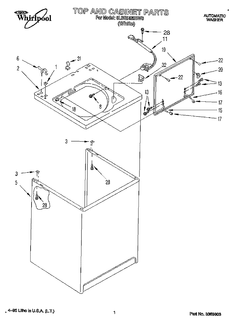 TOP AND CABINET, LIT/OPTIONAL Diagram and Parts List for 6LBR5132BW0  Whirlpool Washer