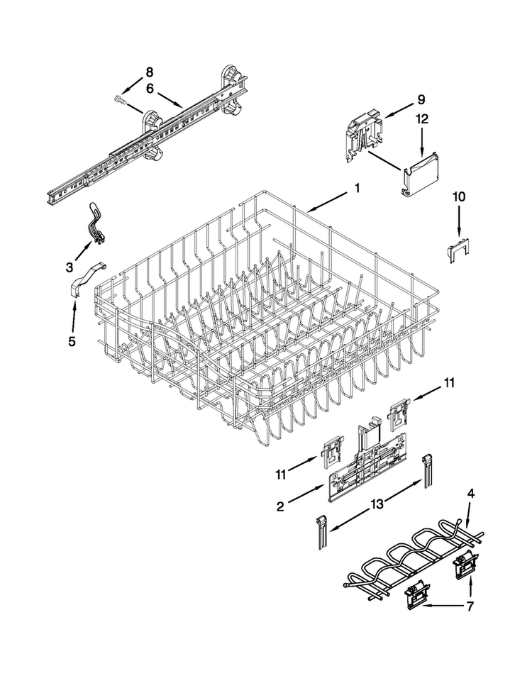 Upper Rack And Track Parts Diagram and Parts List for BLB14DRANA1  Whirlpool Dishwasher