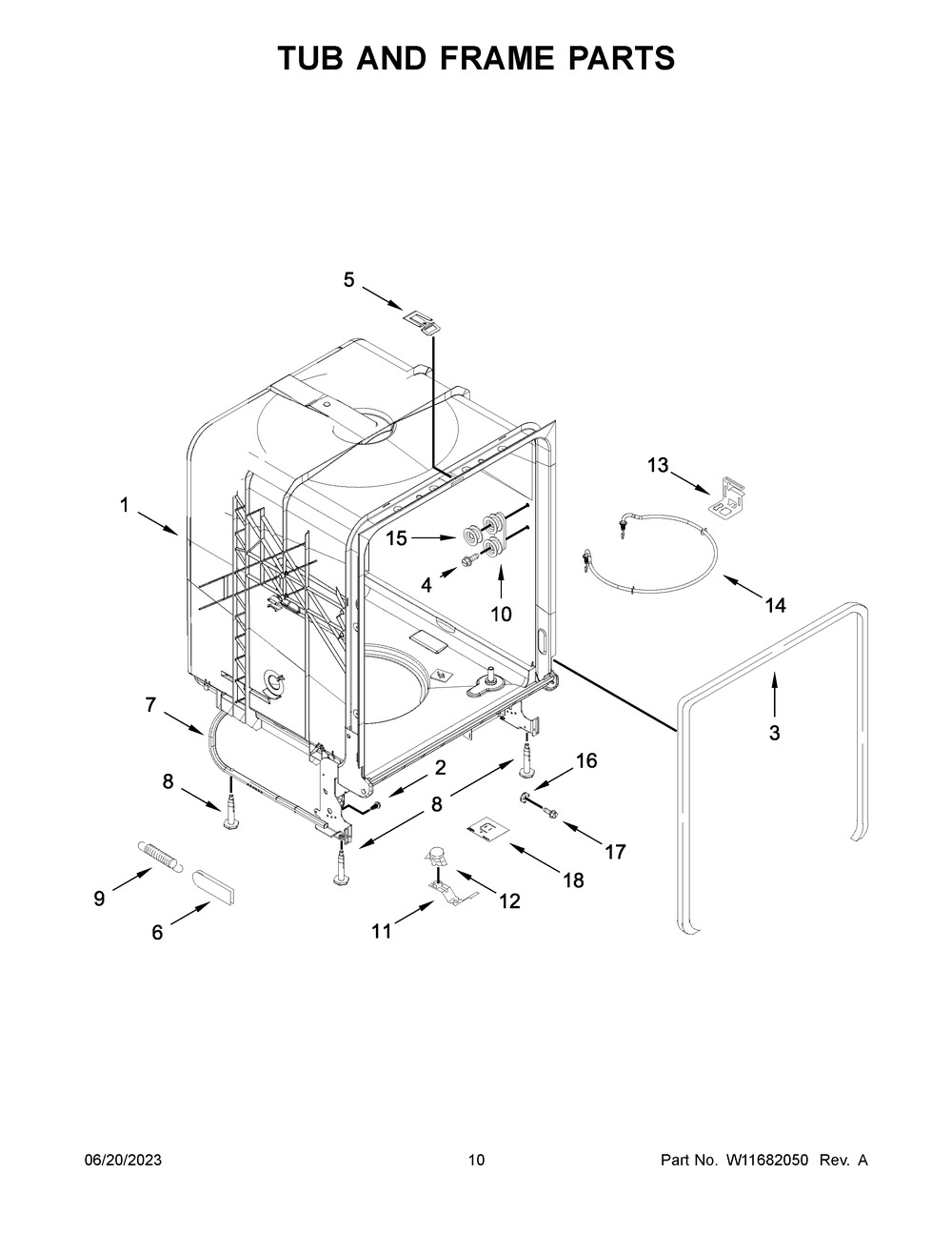 Tub And Frame Parts Diagram and Parts List for WDP370PAHB2  Whirlpool Dishwasher