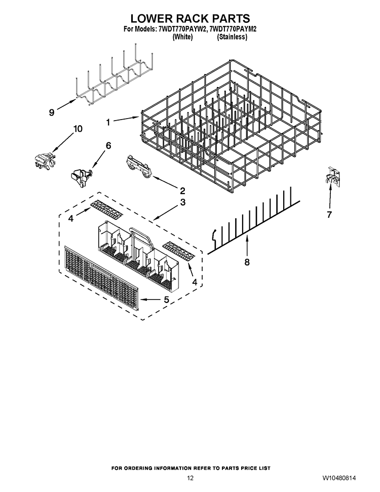 LOWER RACK PARTS Diagram and Parts List for 7WDT770PAYW2  Whirlpool Dishwasher