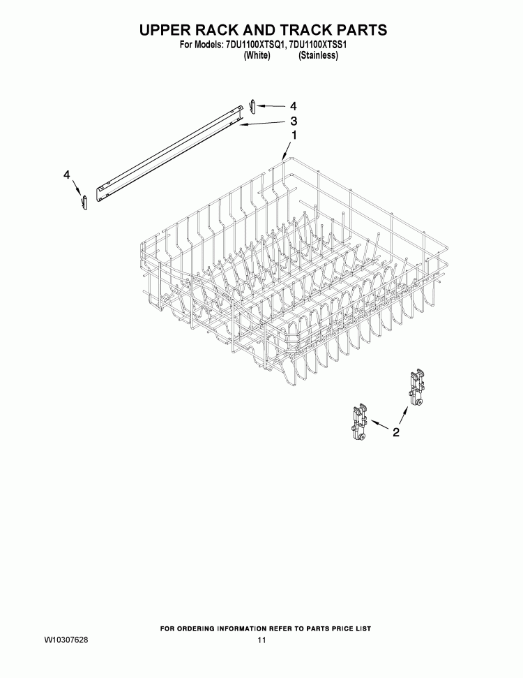 UPPER RACK AND TRACK PARTS Diagram and Parts List for 7DU1100XTSQ1  Whirlpool Dishwasher