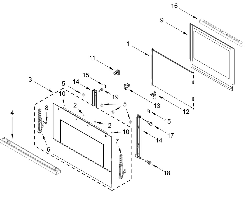 Oven Door Parts Diagram and Parts List for JOECC530RM00  Whirlpool Microwave Oven Combo