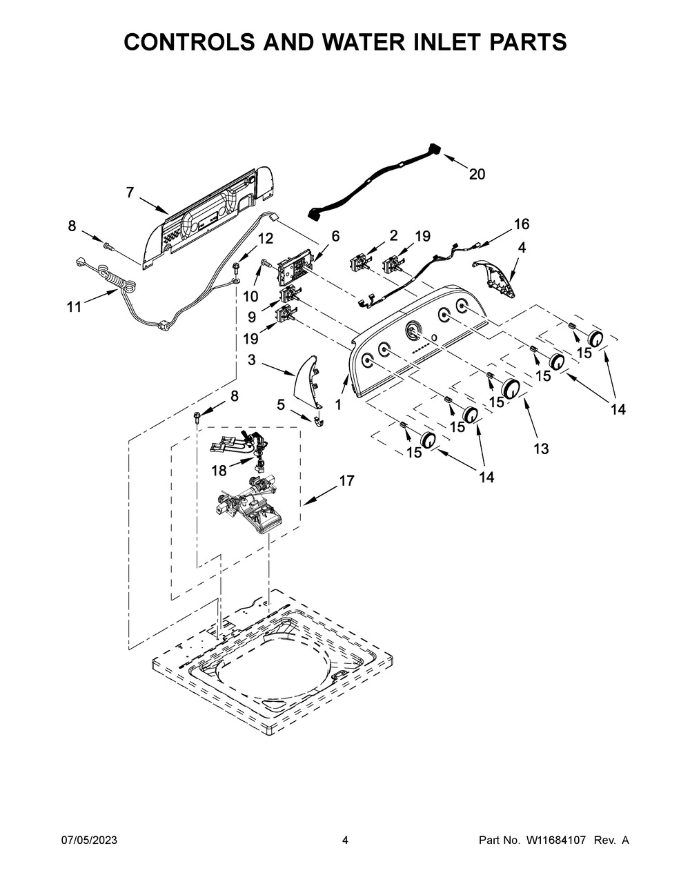 Controls And Water Inlet Parts Diagram and Parts List for WTW4957PW0  Whirlpool Washer