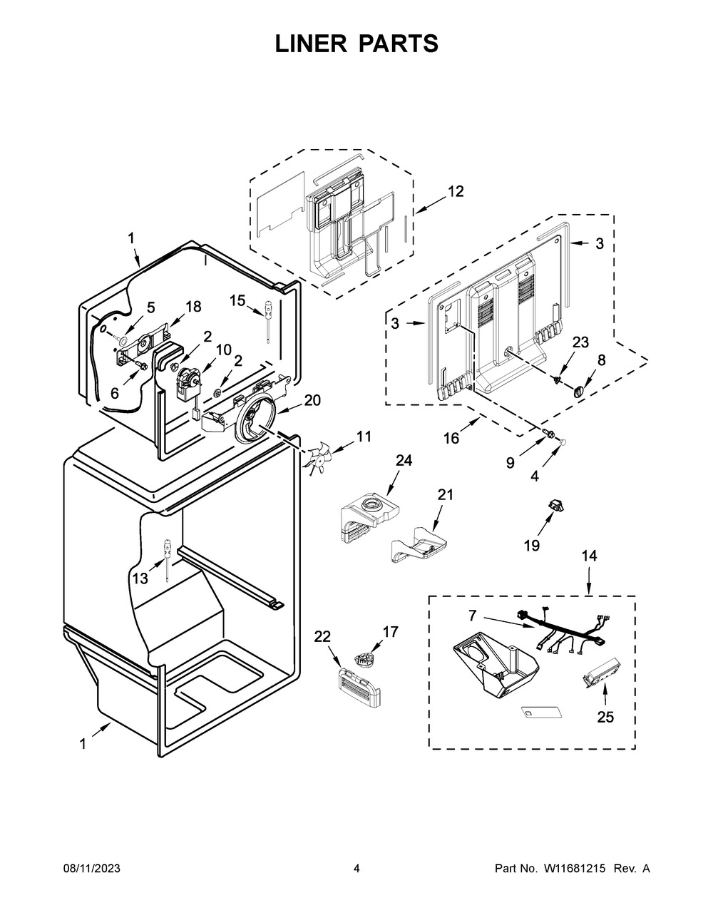 Liner Parts Diagram and Parts List for WRT108FFDW04  Whirlpool Refrigerator