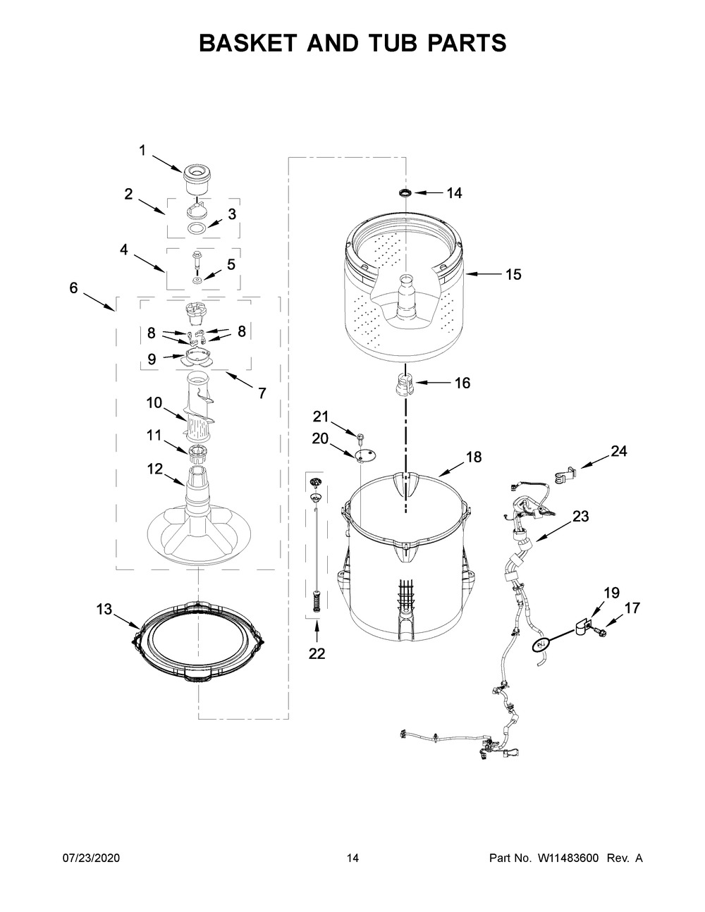Basket And Tub Parts Diagram and Parts List for WET4027HW1  Whirlpool Washer Dryer Combo