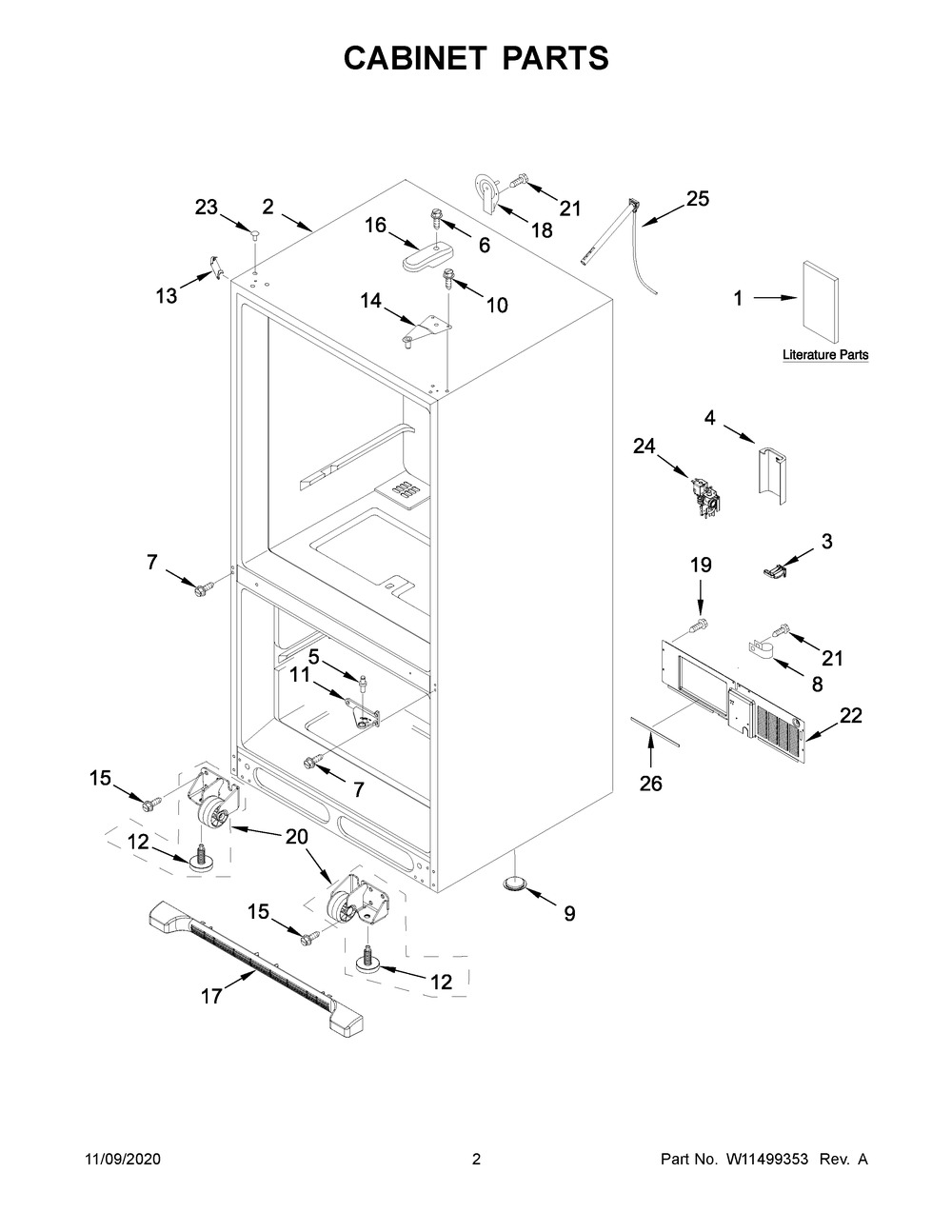 Cabinet Parts Diagram and Parts List for WRB329DMBM02  Whirlpool Refrigerator
