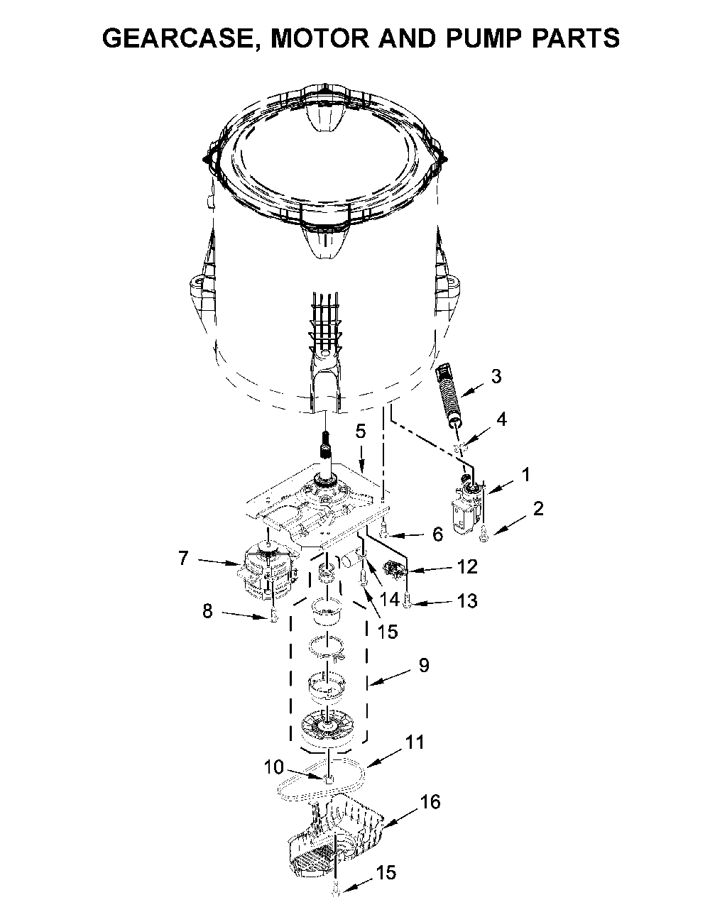 Gearcase, motor and pump parts Diagram and Parts List for 8TWTW4955JW0  Whirlpool Washer
