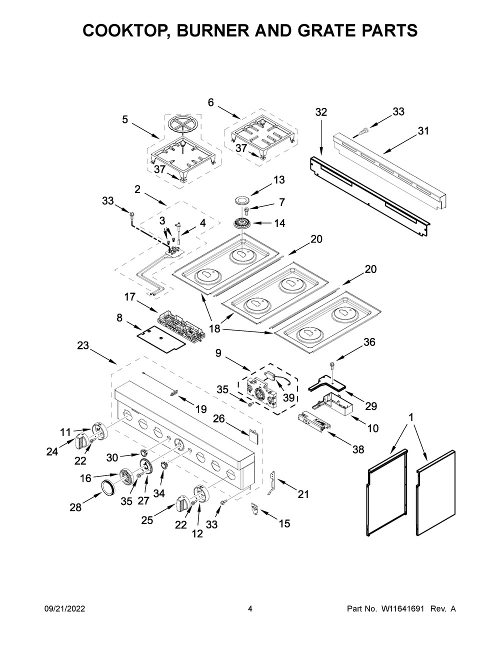 Cooktop, Burner And Grate Parts Diagram and Parts List for KFGC506JAV05  KitchenAid Range