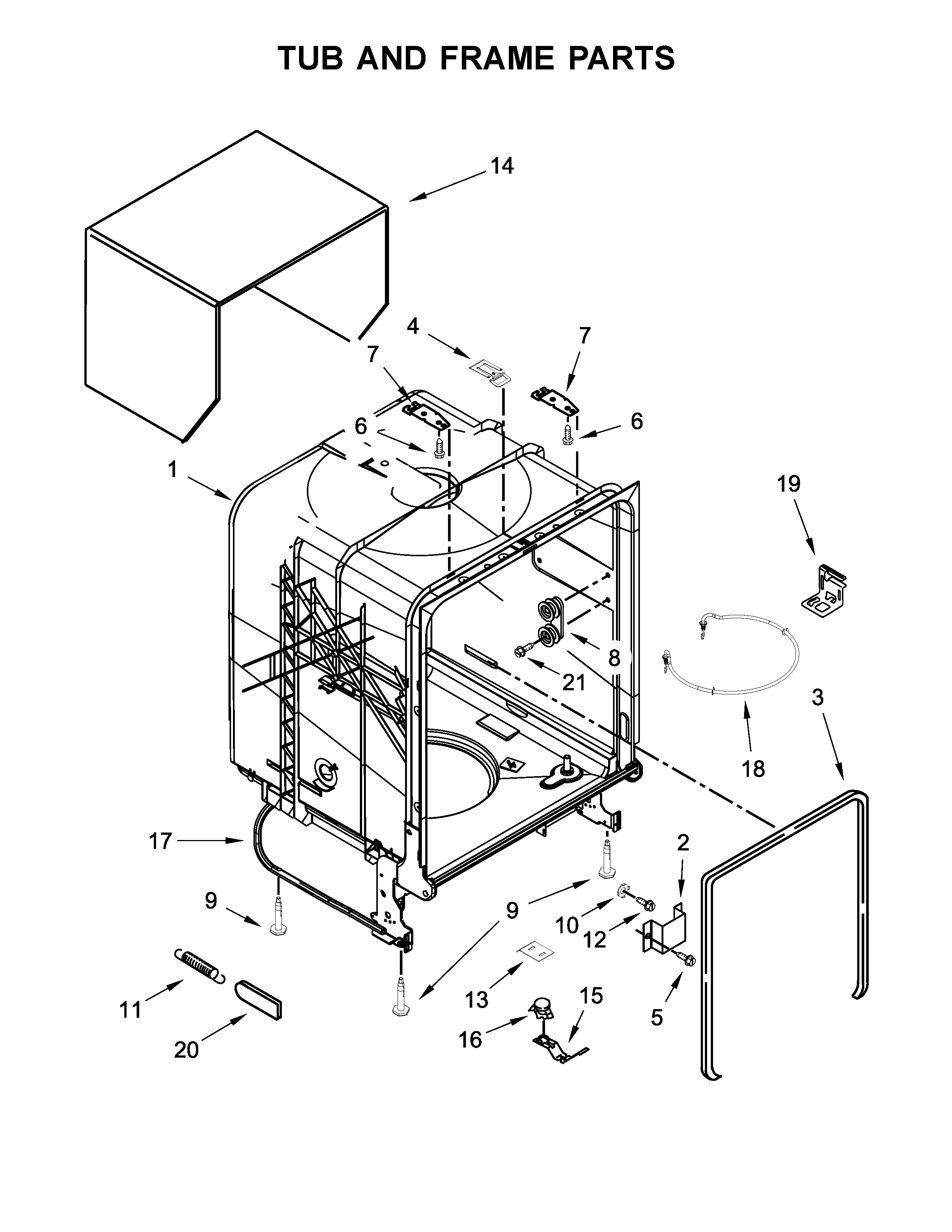 Tub And Frame Parts Diagram and Parts List for 66517389N710  Kenmore Dishwasher