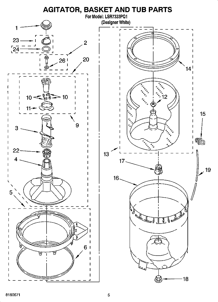 AGITATOR, BASKET AND TUB PARTS Diagram and Parts List for LSR7333PQ1  Whirlpool Washer
