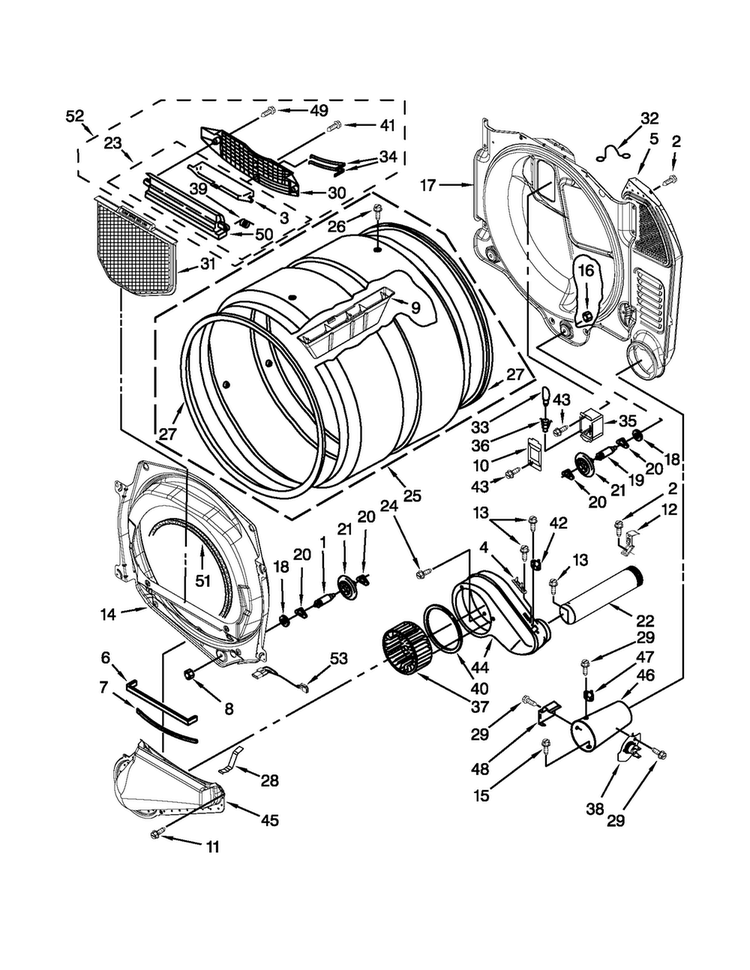 Bulkhead Parts Diagram and Parts List for WGD9051YW3  Whirlpool Dryer