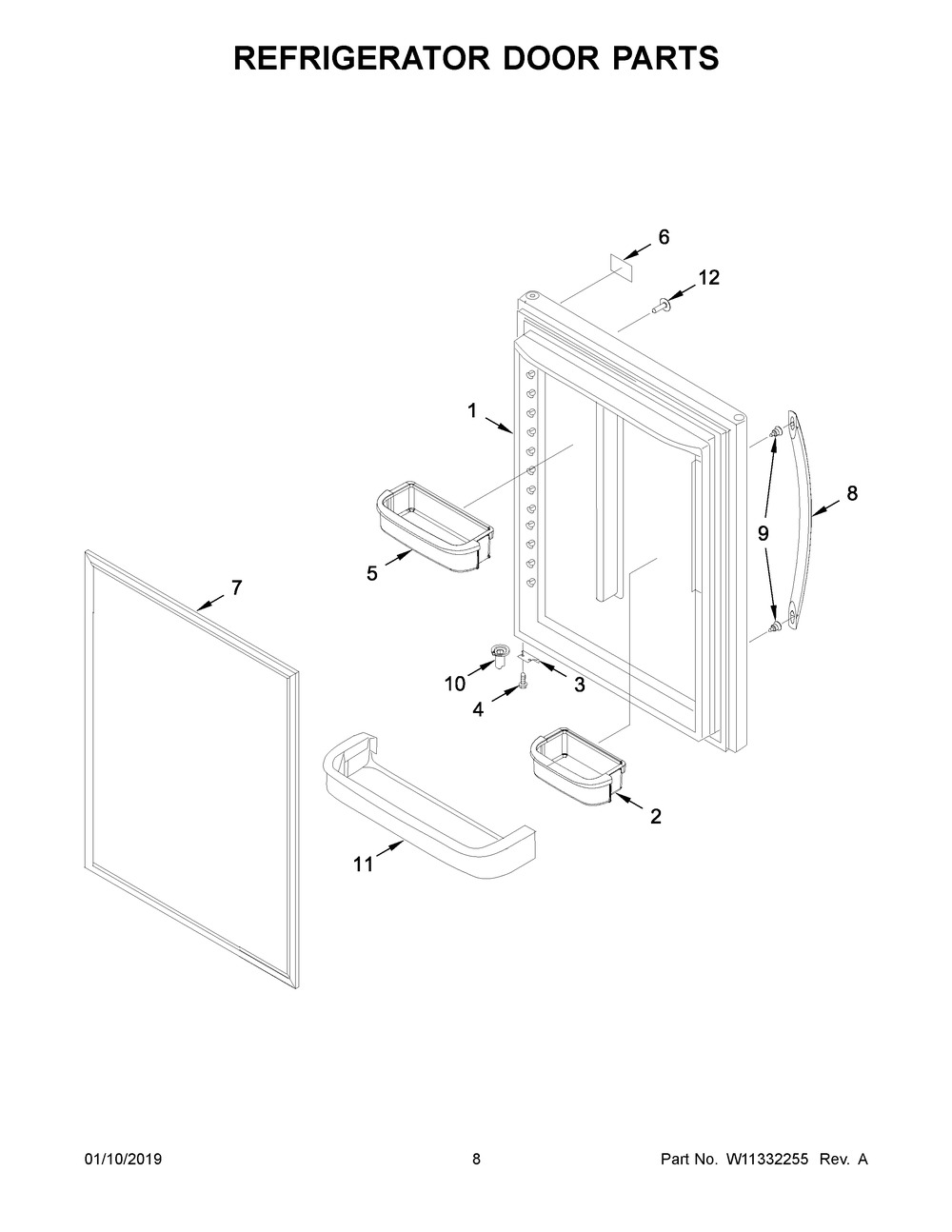 Refrigerator Door Parts Diagram and Parts List for WRB329DMBW01  Whirlpool Refrigerator