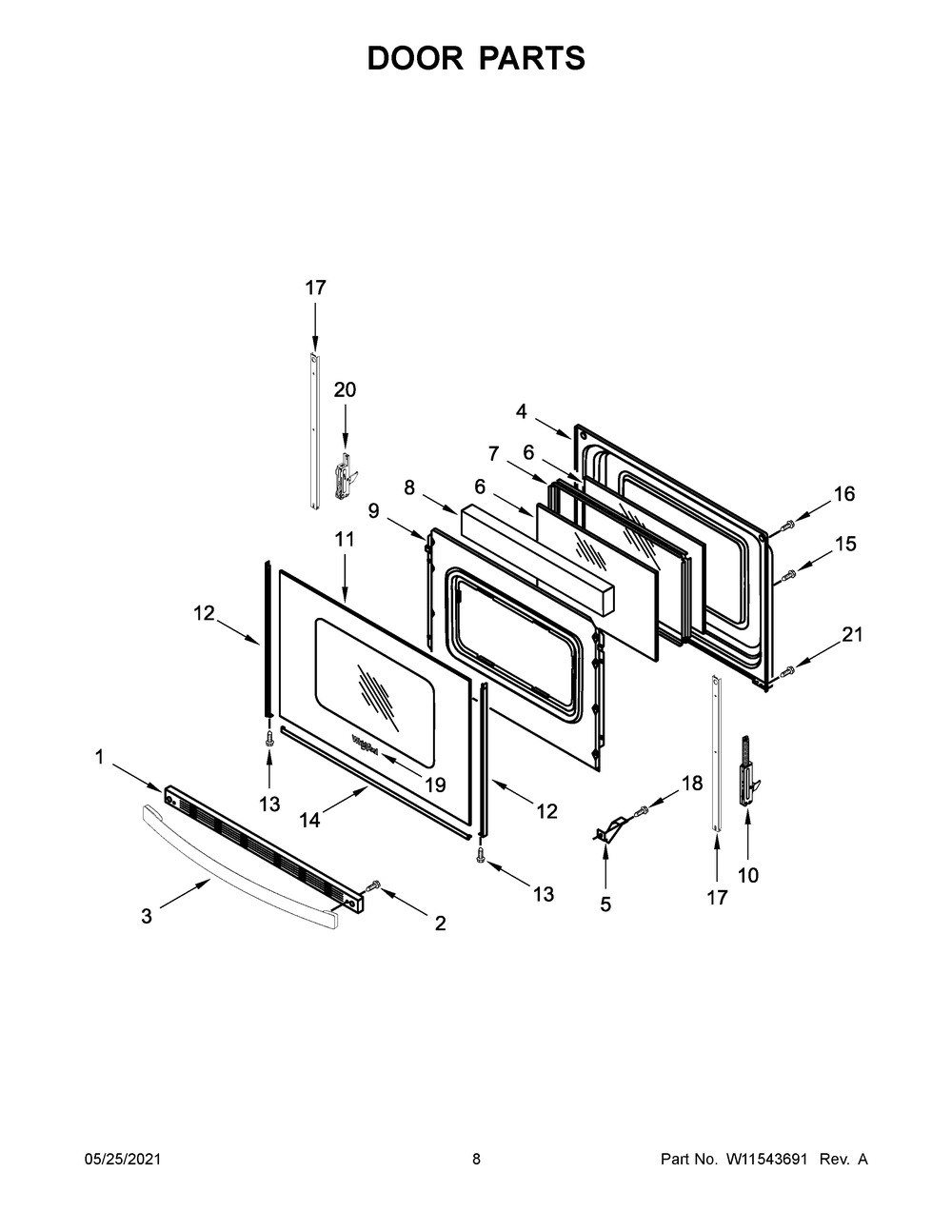 Door Parts Diagram and Parts List for WFC315S0JS1  Whirlpool Range