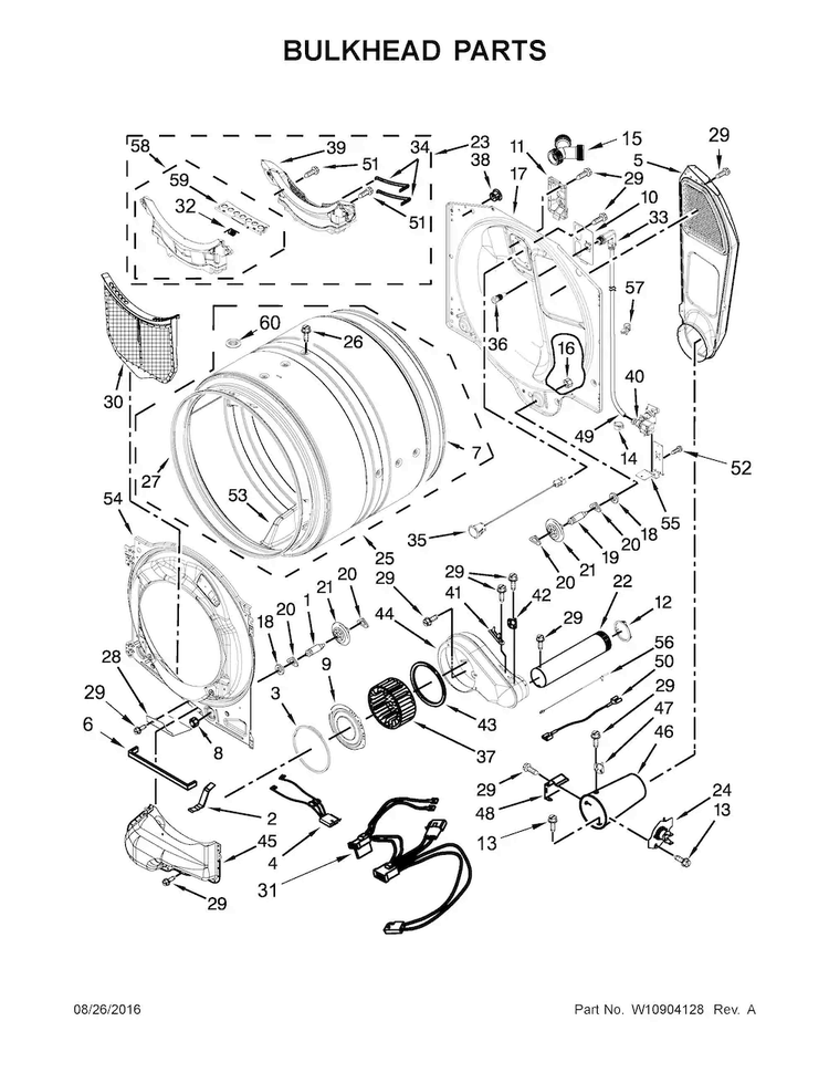 Bulkhead Parts Diagram and Parts List for WGD85HEFW0  Whirlpool Dryer