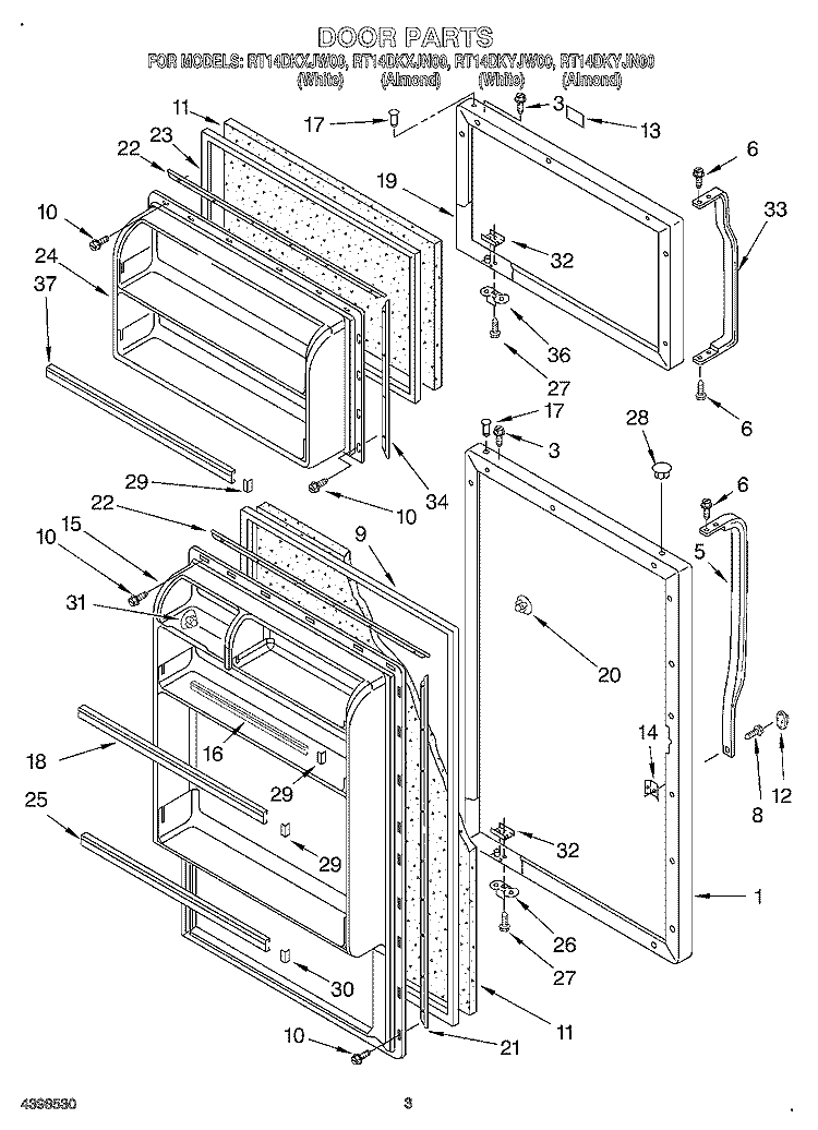 DOOR Diagram and Parts List for RT14DKYJN00  Roper Refrigerator