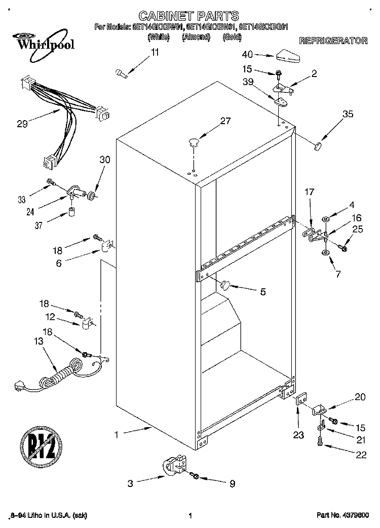 CABINET Diagram and Parts List for 8ET14GKXBW01  Whirlpool Refrigerator