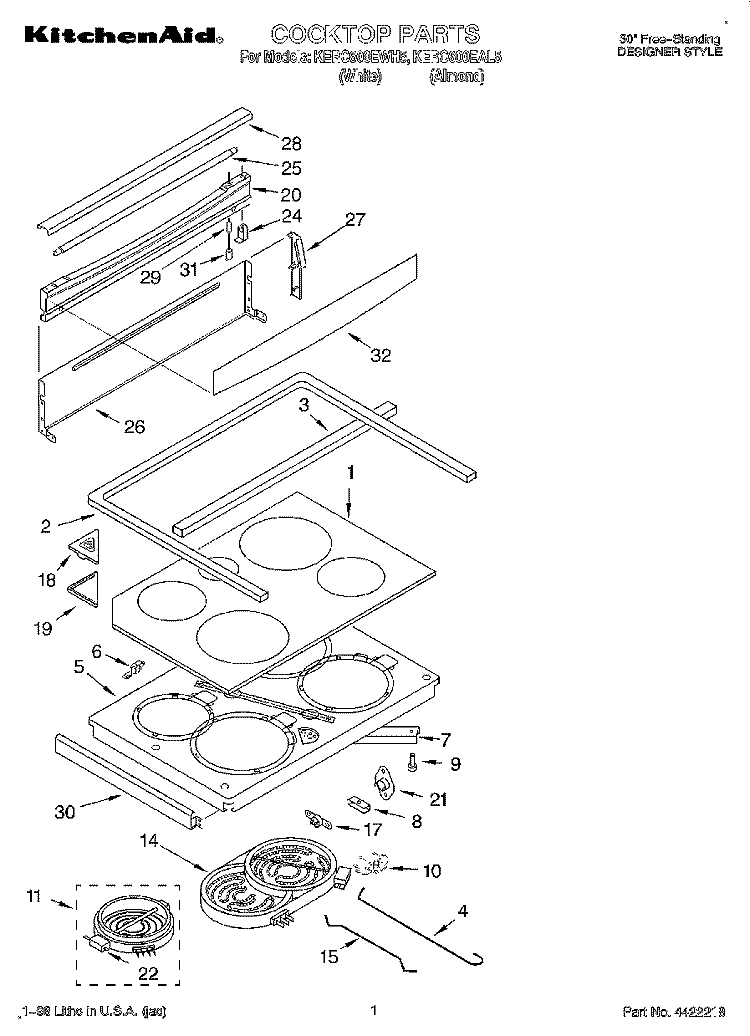 COOKTOP Diagram and Parts List for KERC600EWH5  KitchenAid Range