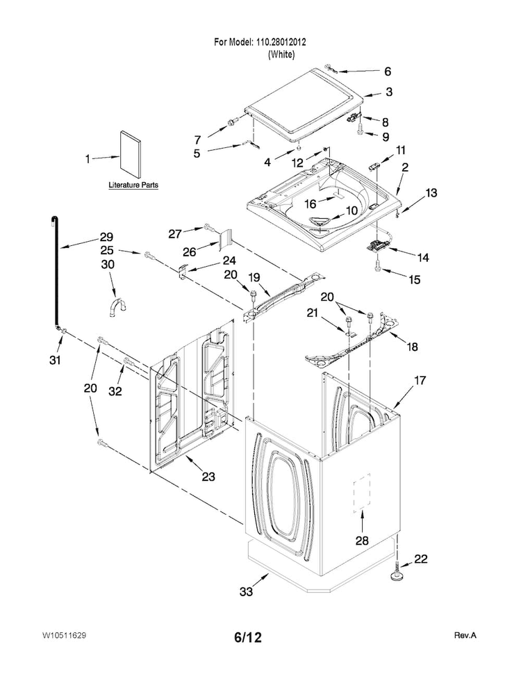 Top And Cabinet Parts Diagram and Parts List for 11028012012  Kenmore Washer