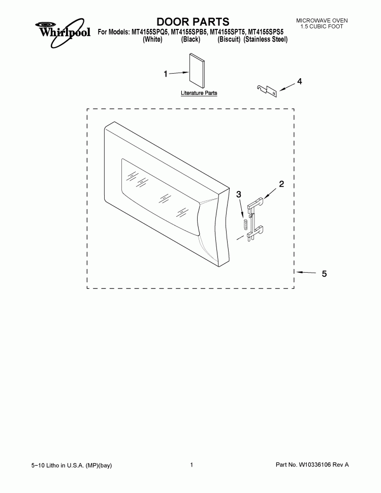 DOOR PARTS Diagram and Parts List for MT4155SPB5  Whirlpool Microwave