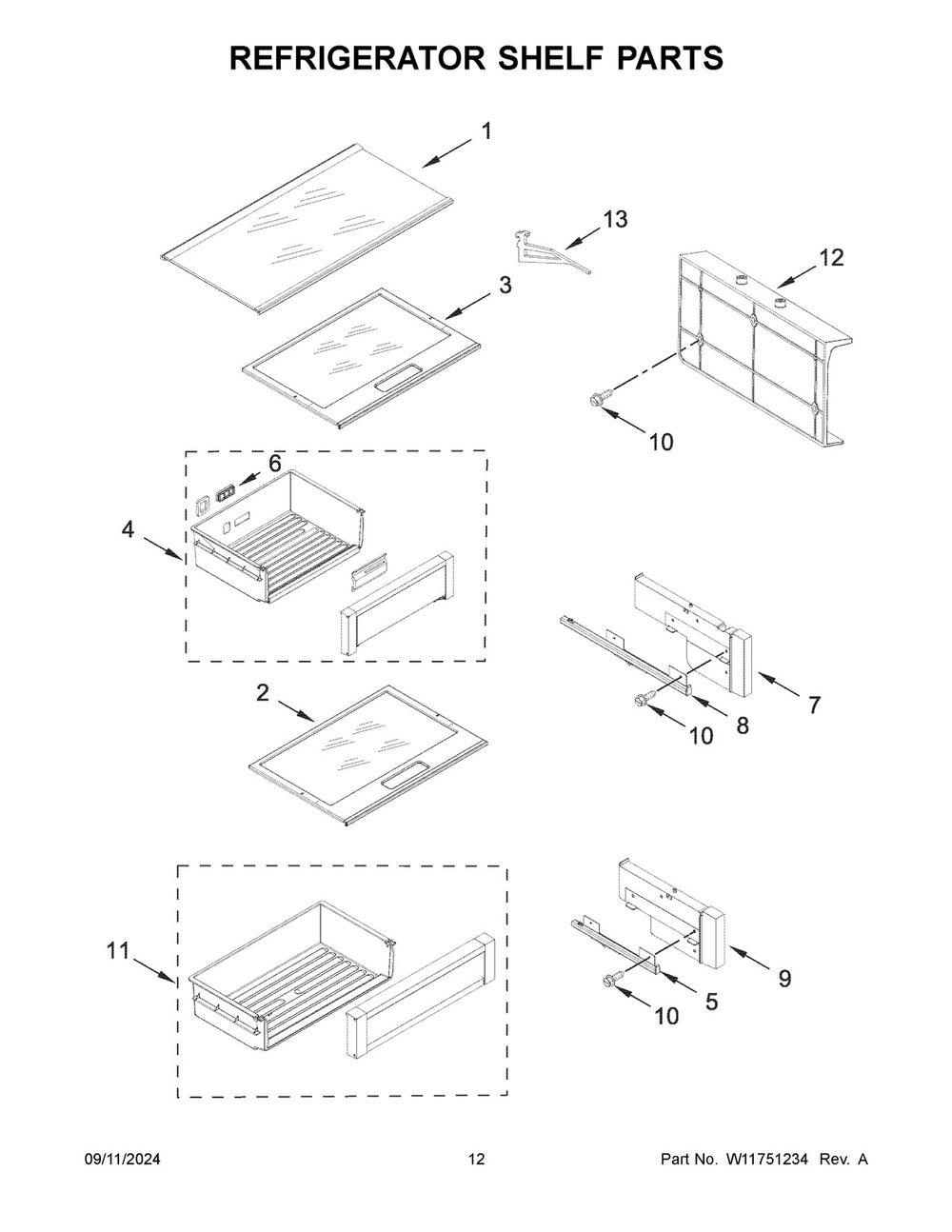 07 - Refrigerator Shelf Parts Diagram and Parts List for JBSS48E22L01  Whirlpool Refrigerator