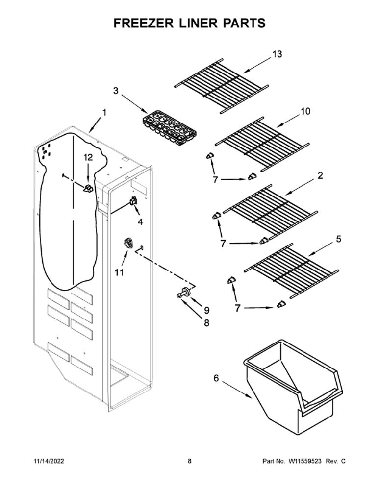 Freezer Liner Parts 2 Diagram and Parts List for WRS312SNHM06  Whirlpool Refrigerator