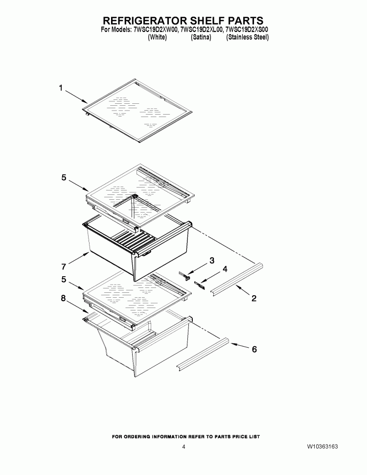 REFRIGERATOR SHELF PARTS Diagram and Parts List for 7WSC19D2XS00  Whirlpool Refrigerator
