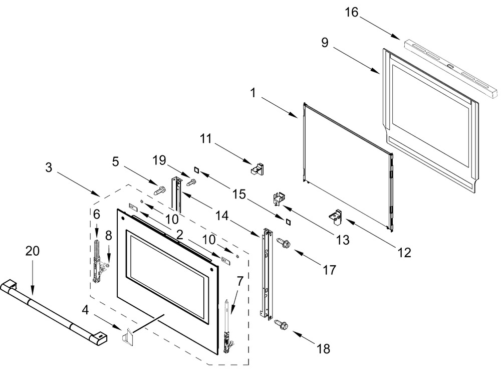 Oven Door Parts Diagram and Parts List for JOECC730RL00  Whirlpool Microwave Oven Combo