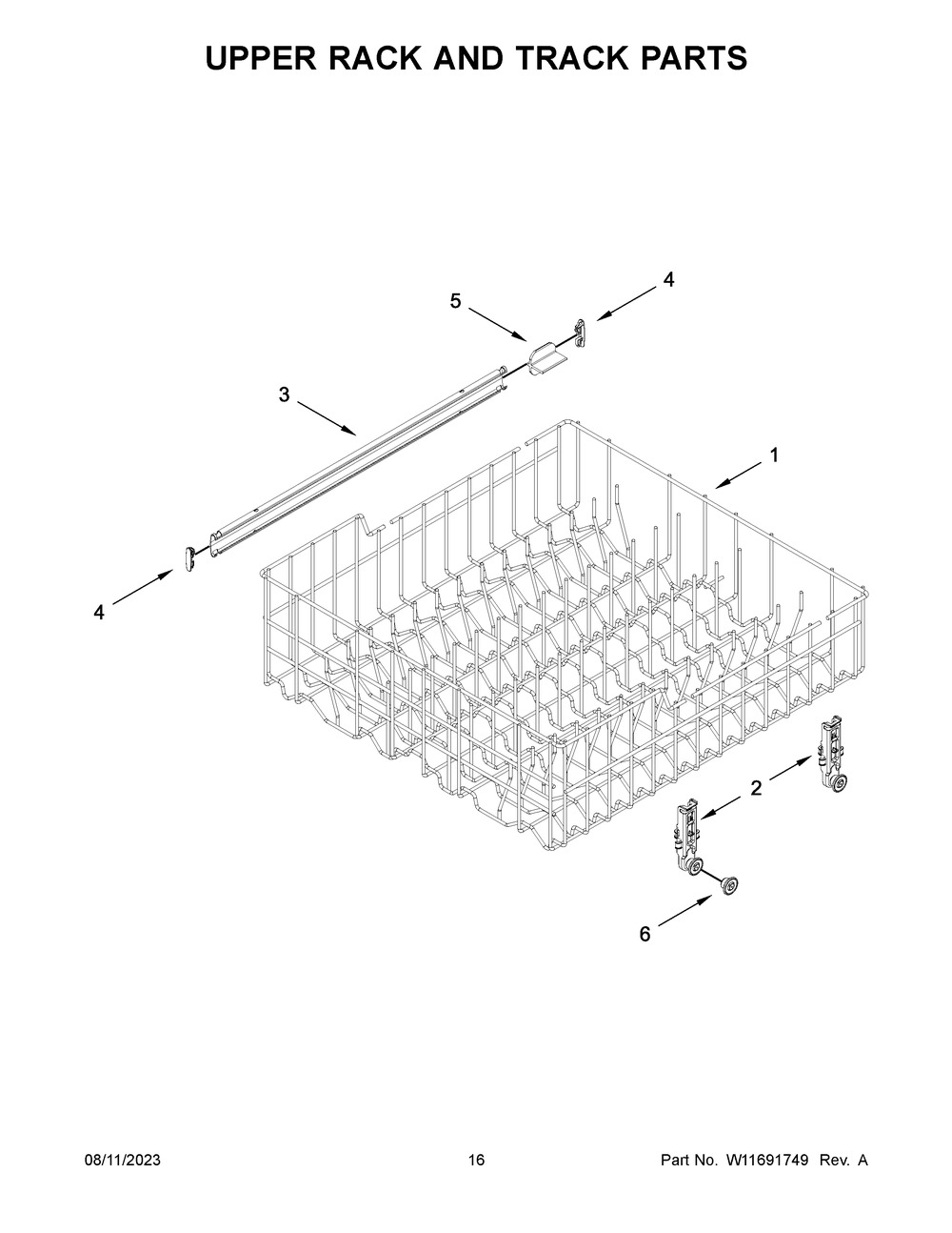 Upper Rack And Track Parts Diagram and Parts List for WDF341PAPT0  Whirlpool Dishwasher