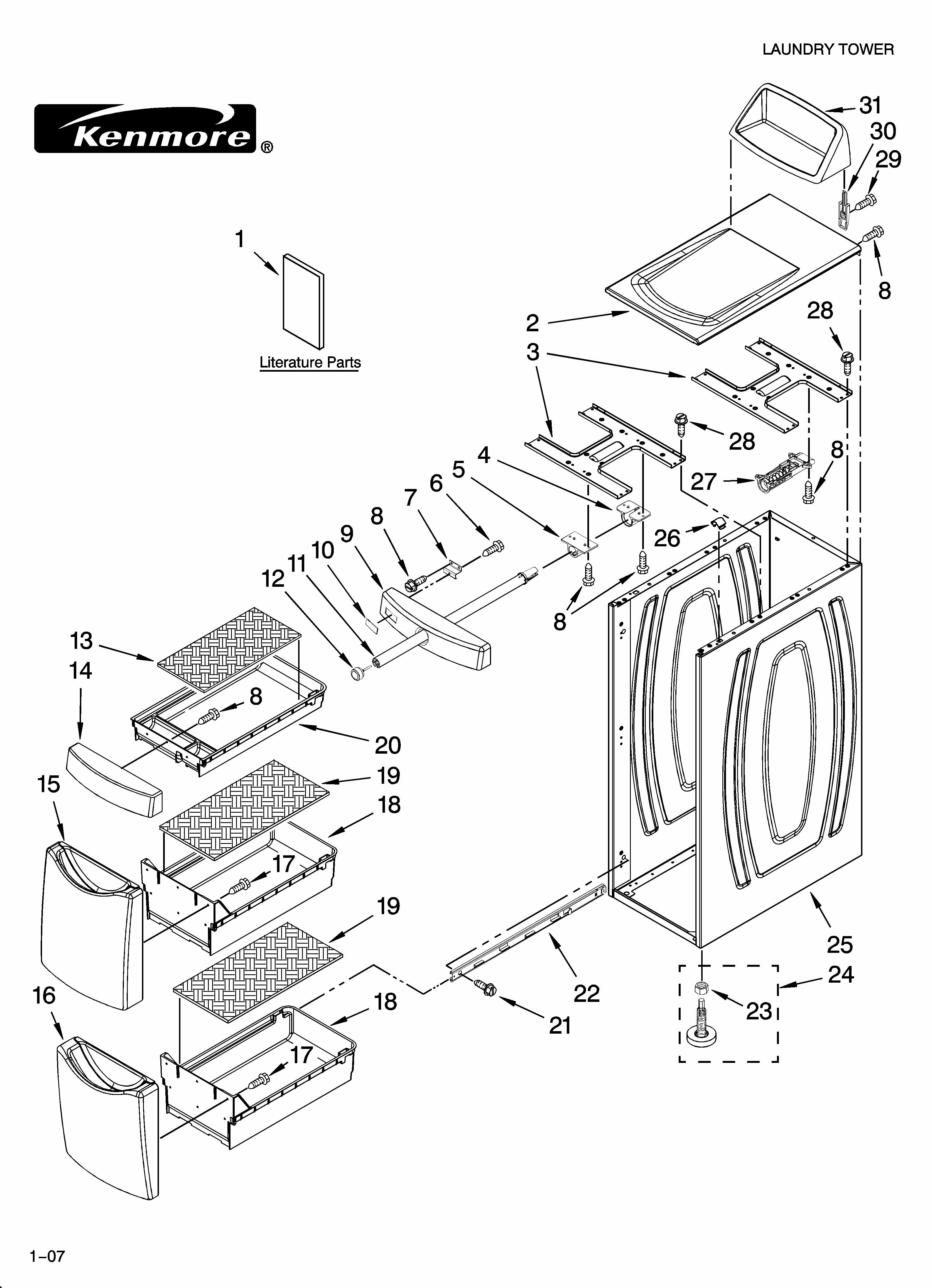Cabinet And Drawer Parts Diagram and Parts List for 11010032600  Kenmore Laundry Accessories