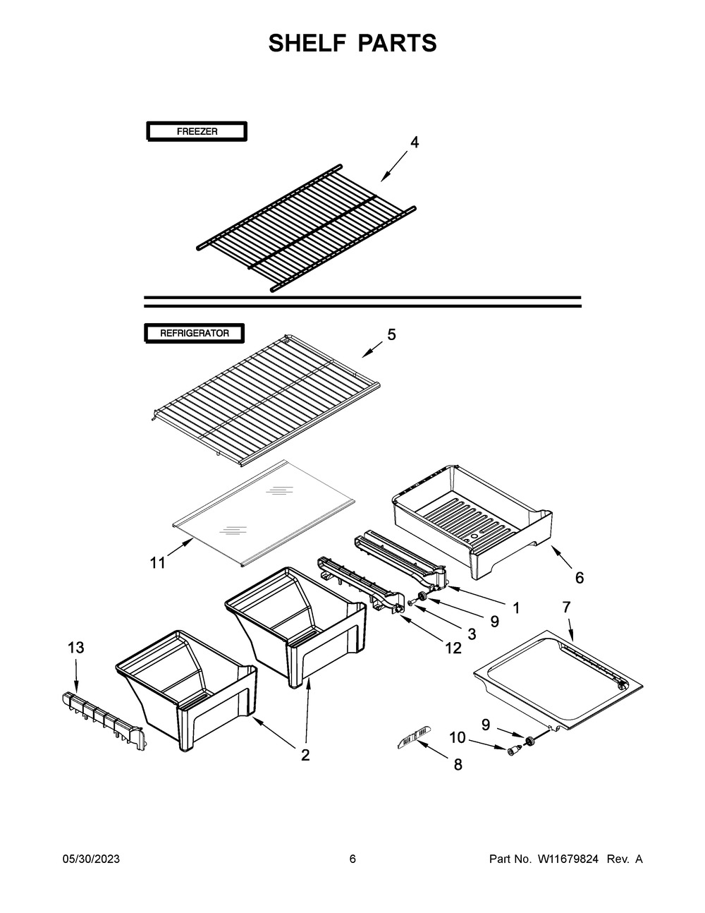 Shelf Parts Diagram and Parts List for WRT138FFDB03  Whirlpool Refrigerator