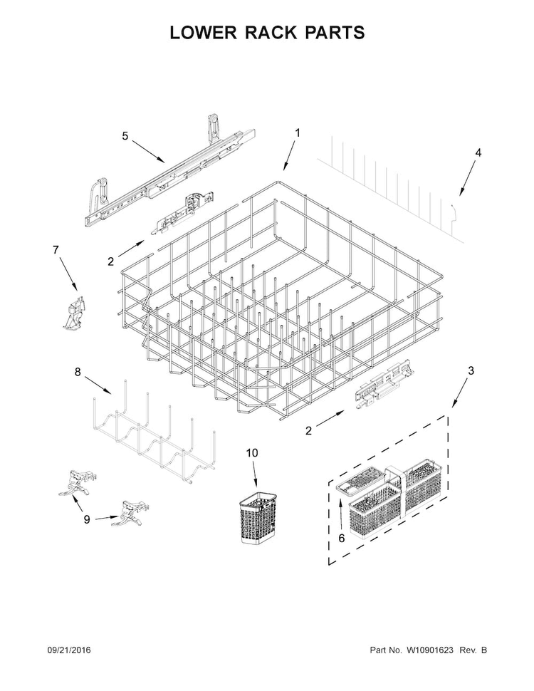 Lower Rack Parts Diagram and Parts List for KDTE254ESS2  KitchenAid Dishwasher