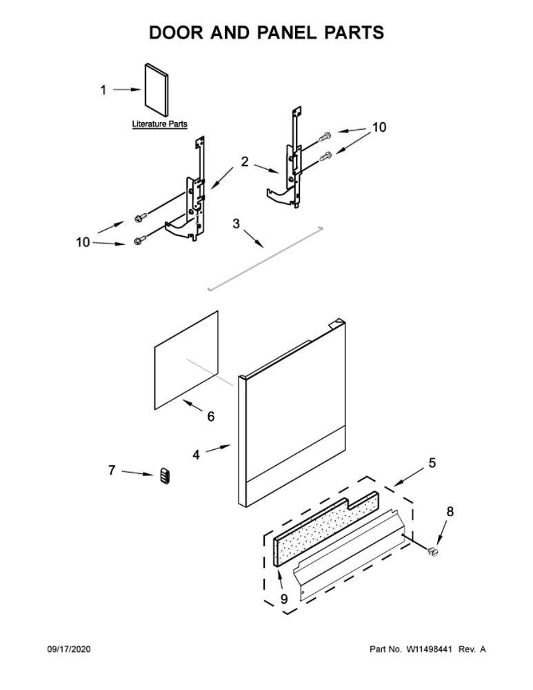 Door And Panel Parts Diagram and Parts List for WDF331PAHB1  Whirlpool Dishwasher
