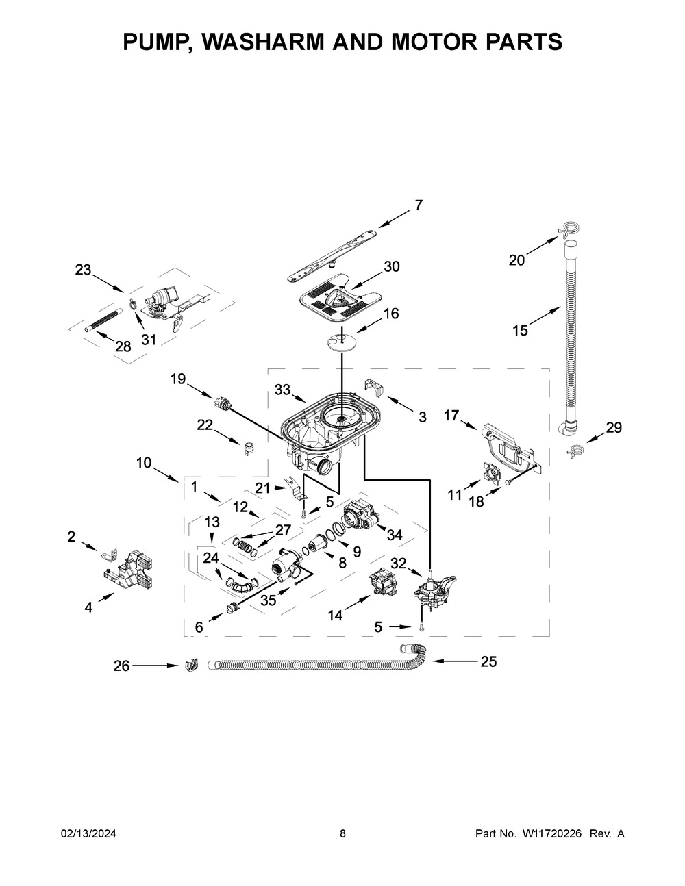 Pump, Washarm And Motor Parts Diagram and Parts List for KDTM804KBS3  KitchenAid Dishwasher