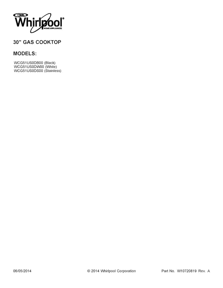 Cover Sheet Diagram and Parts List for WCG51US0DS00  Whirlpool Cooktop
