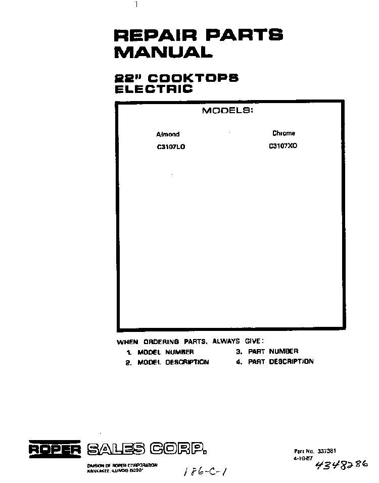 Cover Page Diagram and Parts List for C3107*0  Roper Range