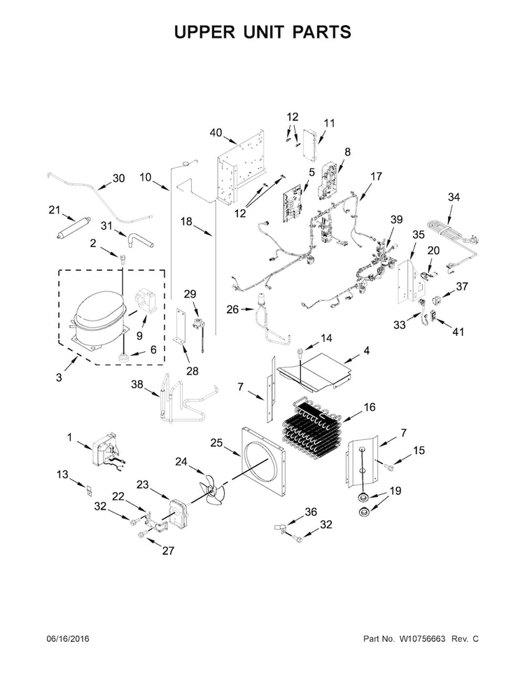 Upper Unit Parts Diagram and Parts List for KBFN506EPA00  KitchenAid Refrigerator