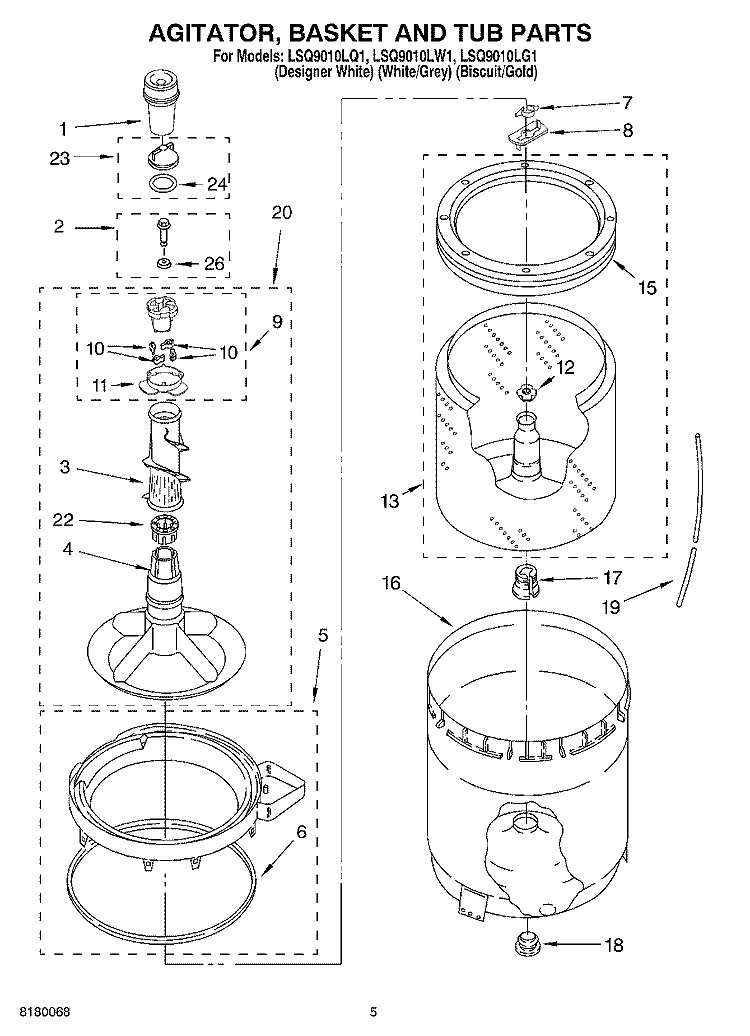 AGITATOR, BASKET AND TUB PARTS Diagram and Parts List for LSQ9010LG1  Whirlpool Washer