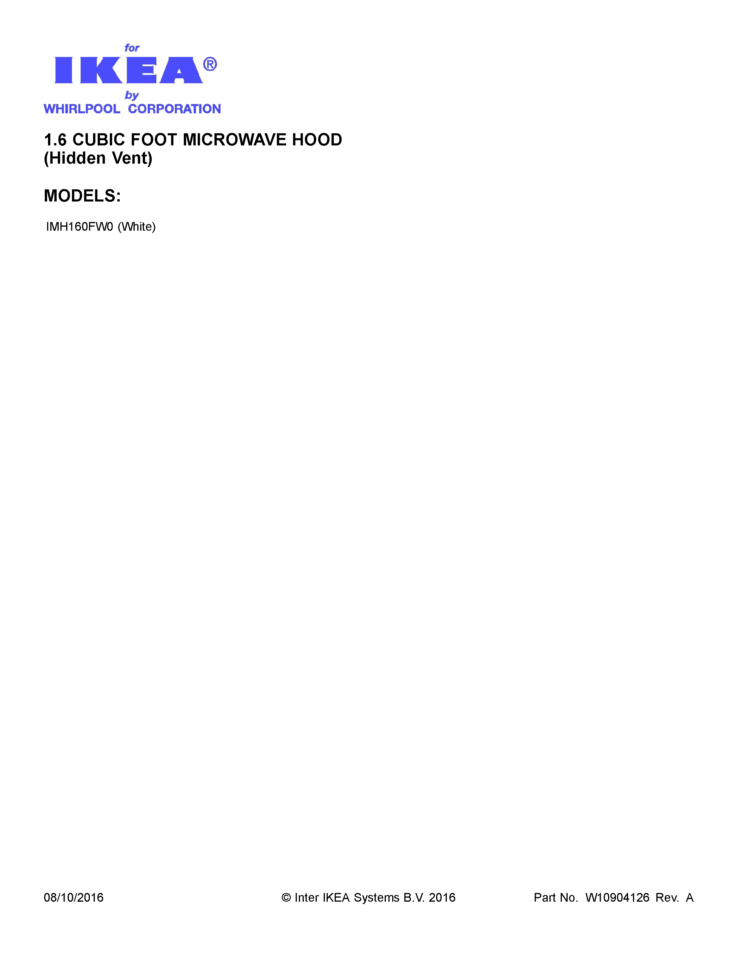 Cover Sheet Diagram and Parts List for IMH160FW0  Whirlpool Microwave