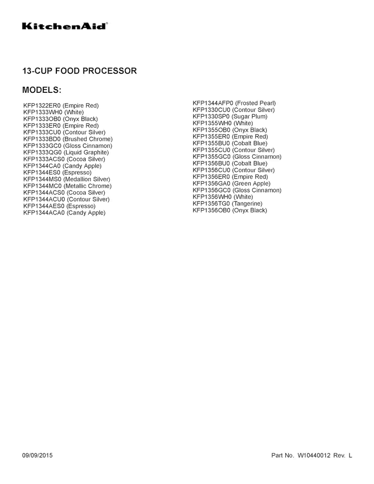 Cover Sheet Diagram and Parts List for KFP1356BU0  KitchenAid Food Processor