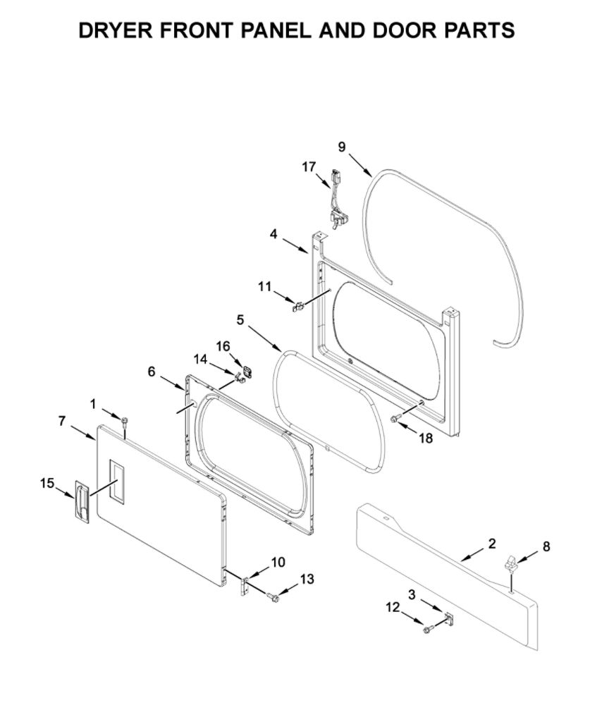 Dryer Front Panel And Door Parts Diagram and Parts List for WGTLV27HW2  Whirlpool Washer Dryer Combo