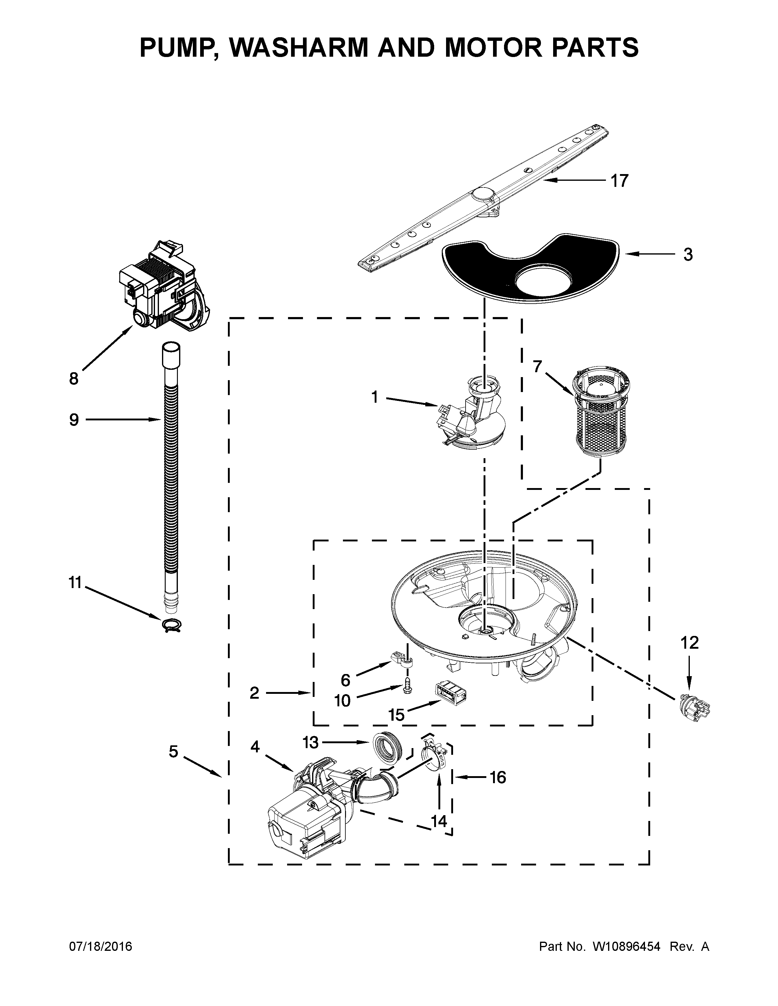 Pump, Washarm And Motor Parts Diagram and Parts List for IDF320PAFW1  Whirlpool Dishwasher