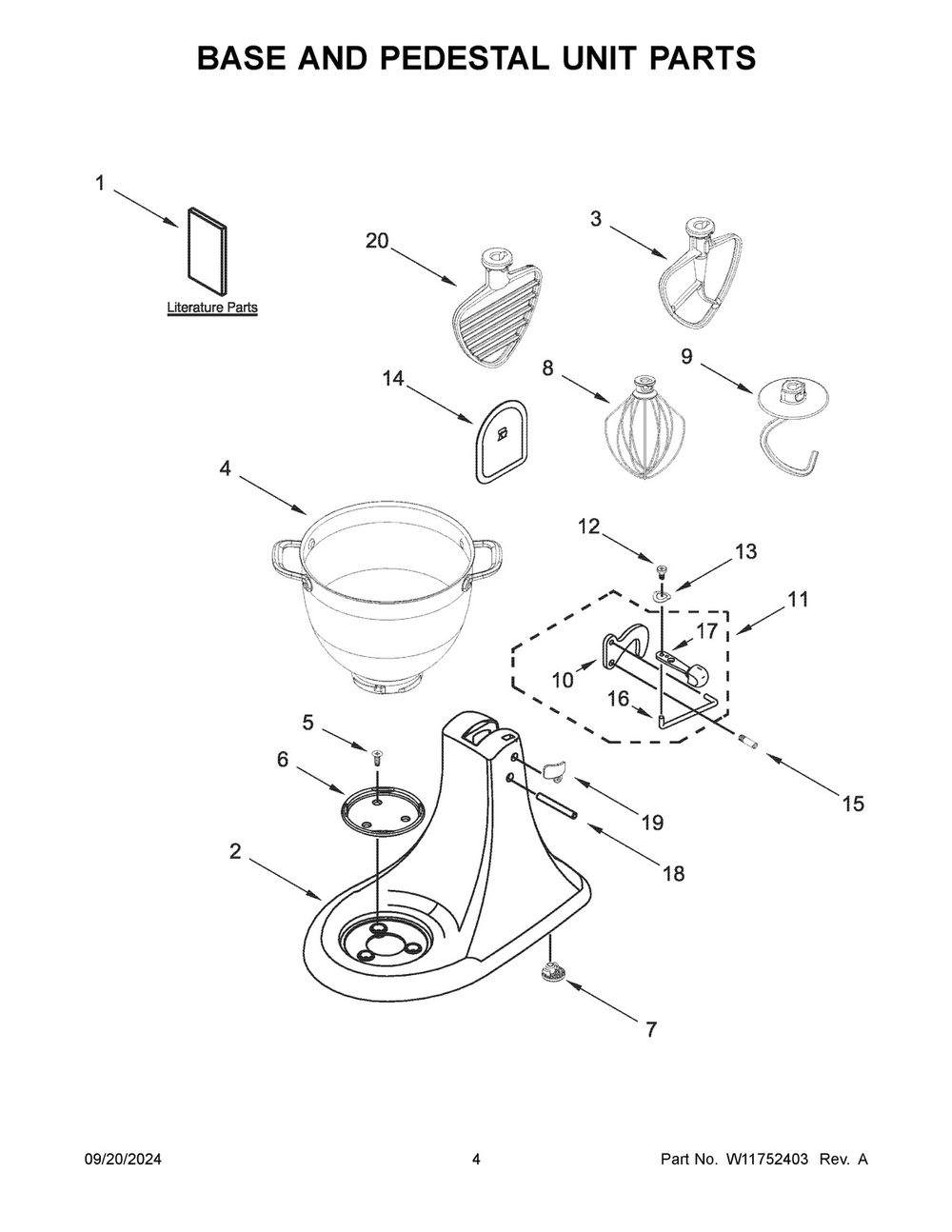 03 - Base And Pedestal Unit Parts Diagram and Parts List for 5KSM180LEELB5  Whirlpool Mixer