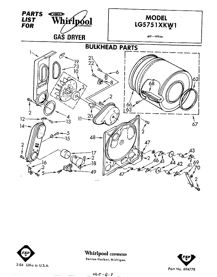 BULKHEAD Diagram and Parts List for LG5751XKW1  Whirlpool Dryer