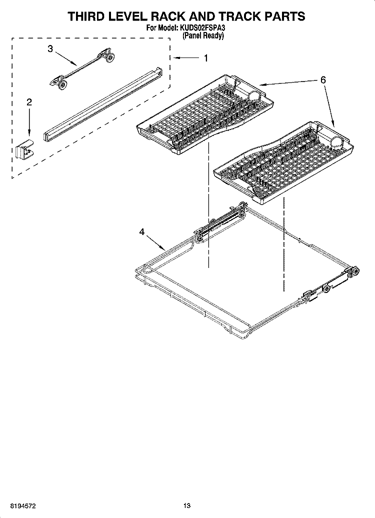THIRD LEVEL RACK AND TRACK PARTS Diagram and Parts List for KUDS02FSPA3  KitchenAid Dishwasher